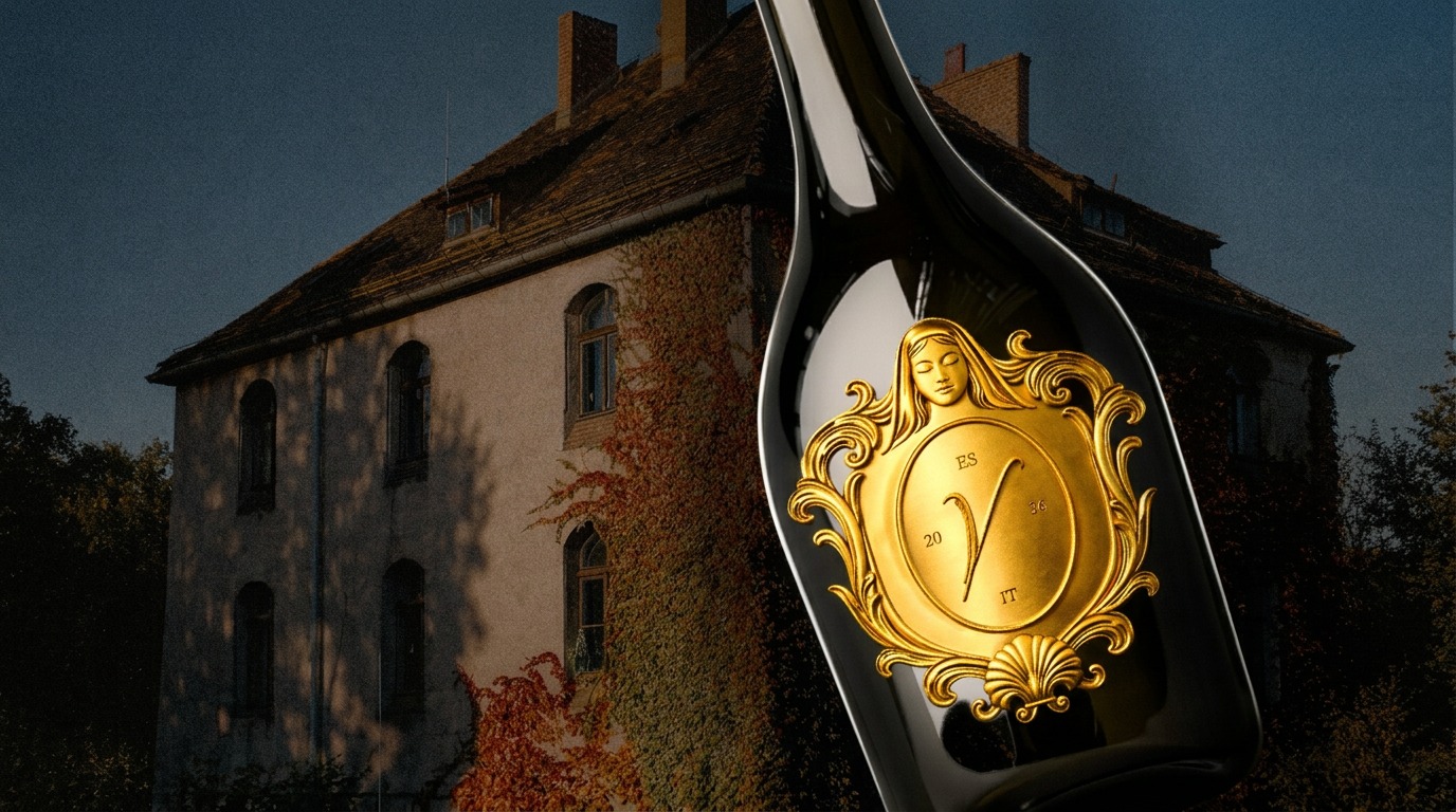 Historic Italian estate overlooking Veneto vineyards at dusk, with a glossy VERE Prosecco bottle bearing the luminous gold medallion